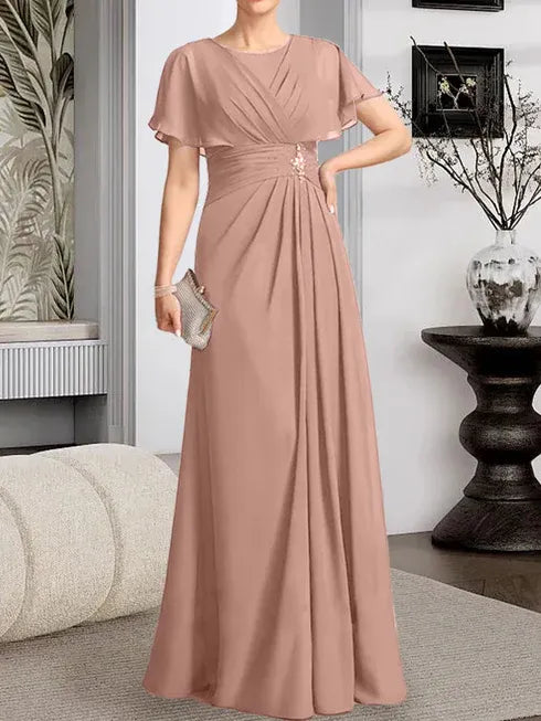 A-Line Scoop Neck Floor-Length Chiffon Mother of the Bride Dress with Pleated Beading