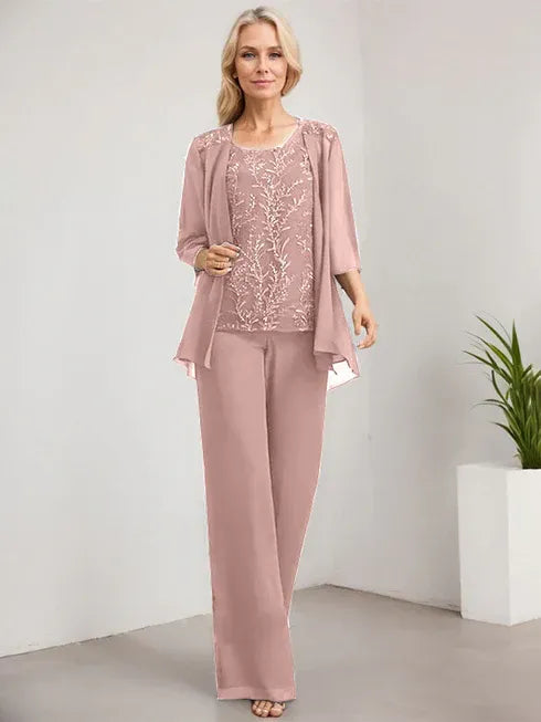 Floor-Length Lace Chiffon Mother of the Bride Jumpsuit/Pantsuit with Scoop Neck and Sequins
