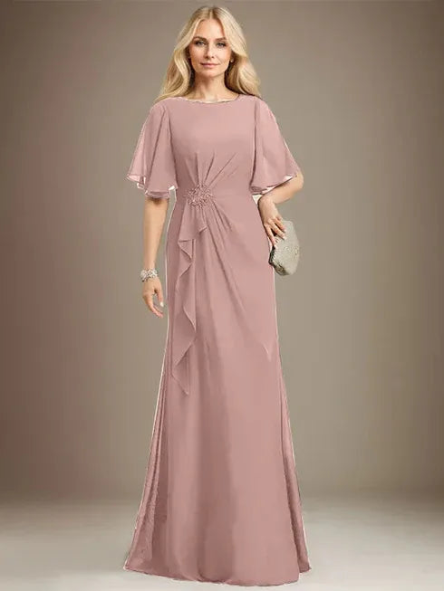 A-Line Scoop Floor-Length Chiffon Mother of the Bride Dress with Cascading Ruffles, Beading, and Sequins