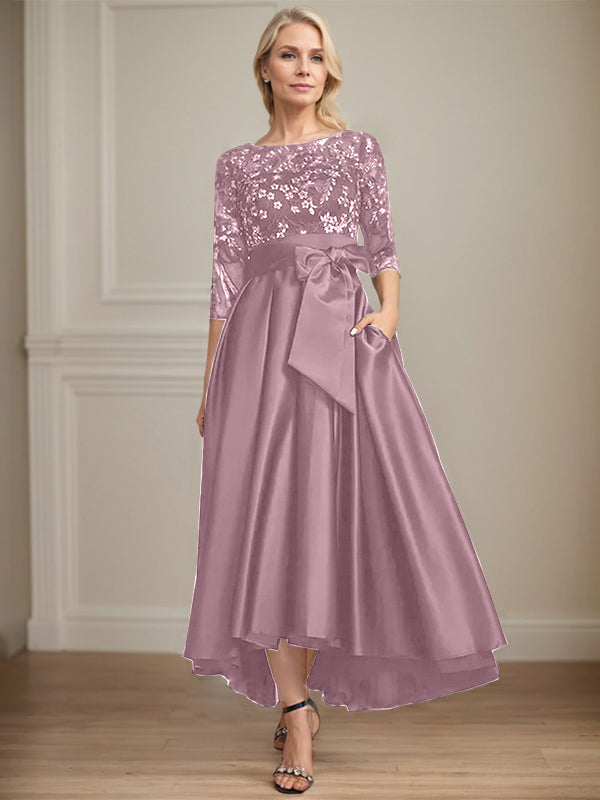 A-Line Scoop Neck Illusion Asymmetrical Satin Lace Mother of the Bride Dress with Bow