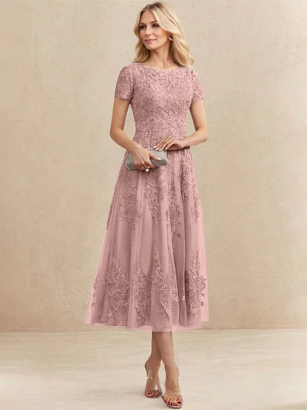 A-Line Scoop Neck Tea-Length Tulle Lace Mother of the Bride Dress