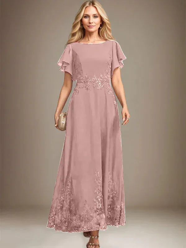 A-Line Scoop Neck Ankle-Length Lace and Chiffon Mother of the Bride Dress with Sequins