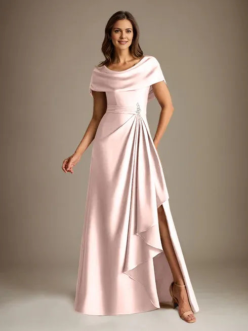 A-Line Scoop Neck Floor-Length Stretch Satin Mother of the Bride Dress with Cascading Ruffles