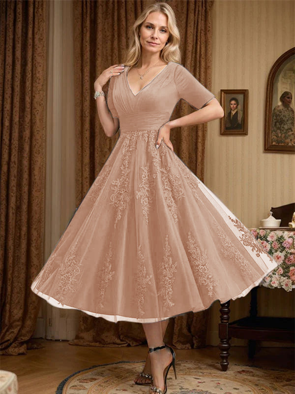 A-Line V-Neck Tea-Length Tulle Lace Mother of the Bride Dress with Pleats