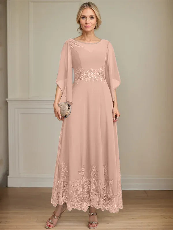 A-Line Scoop Neck Illusion Lace Chiffon Mother of the Bride Dress with Sequins and Ankle-Length Hem