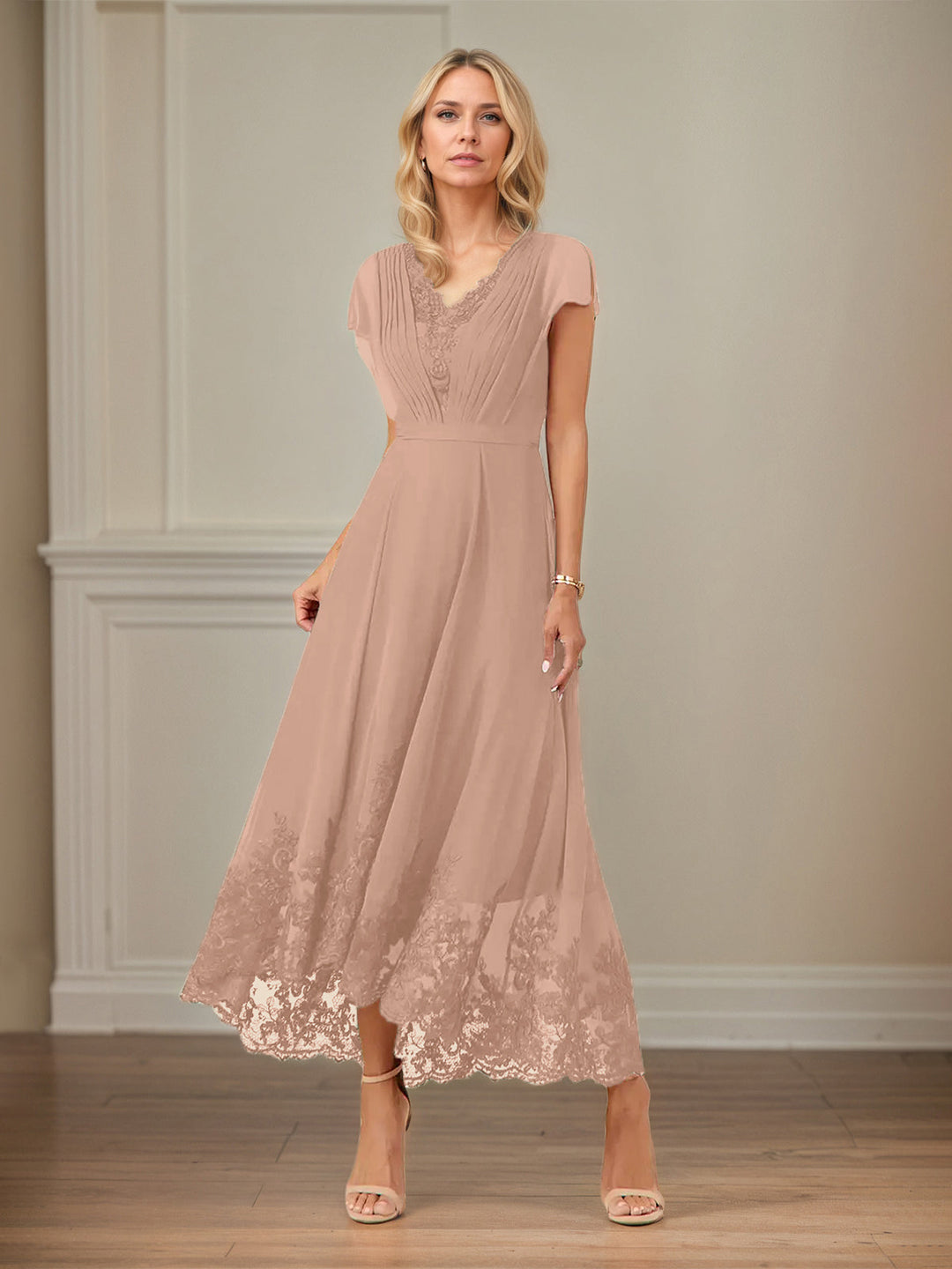 A-Line V-Neck Flutter Sleeve Chiffon Dress with Appliques and Ankle Length