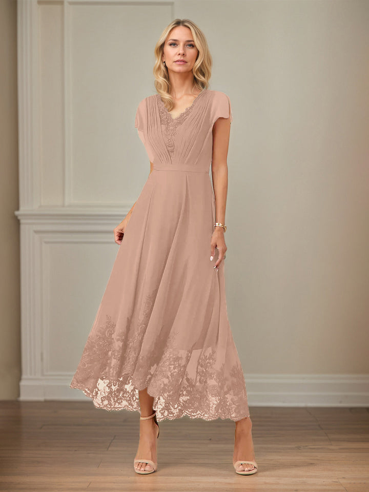 A-Line V-Neck Flutter Sleeve Chiffon Dress with Appliques and Ankle Length