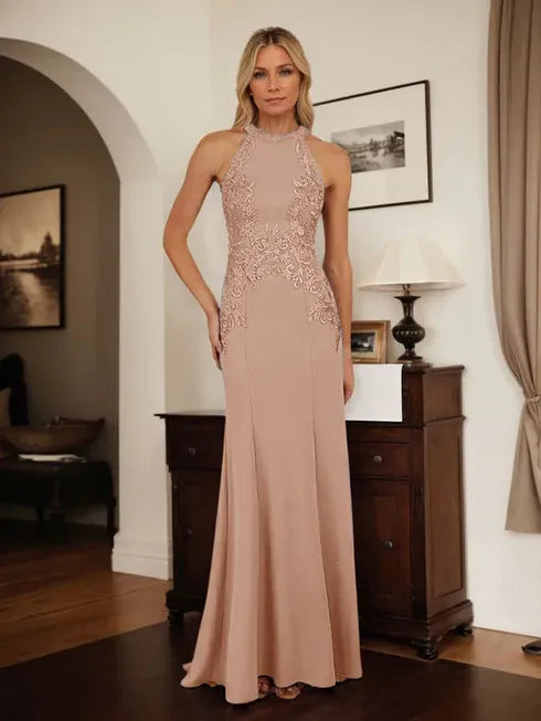 Dusty Blue Sheath Halter Mother of the Bride Dress with Appliqué Details