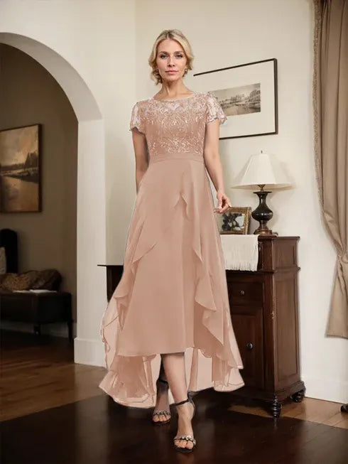 A-Line Scoop Neck Illusion Asymmetrical Chiffon Lace Mother of the Bride Dress with Bow, Ruffle, and Sequins