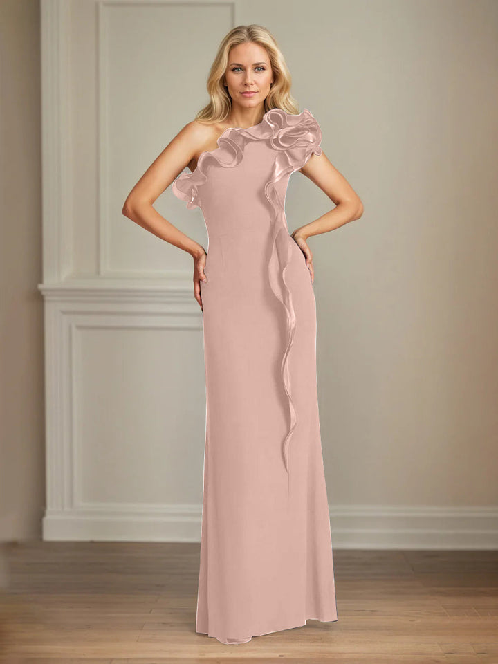 Navy Stretch Crepe One-Shoulder Sheath Dress with Ruffles – Floor-Length Mother of the Bride Gown