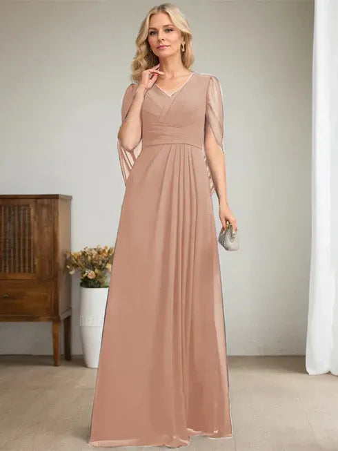 Dark Navy A-Line V-Neck Long Mother of the Bride Dress