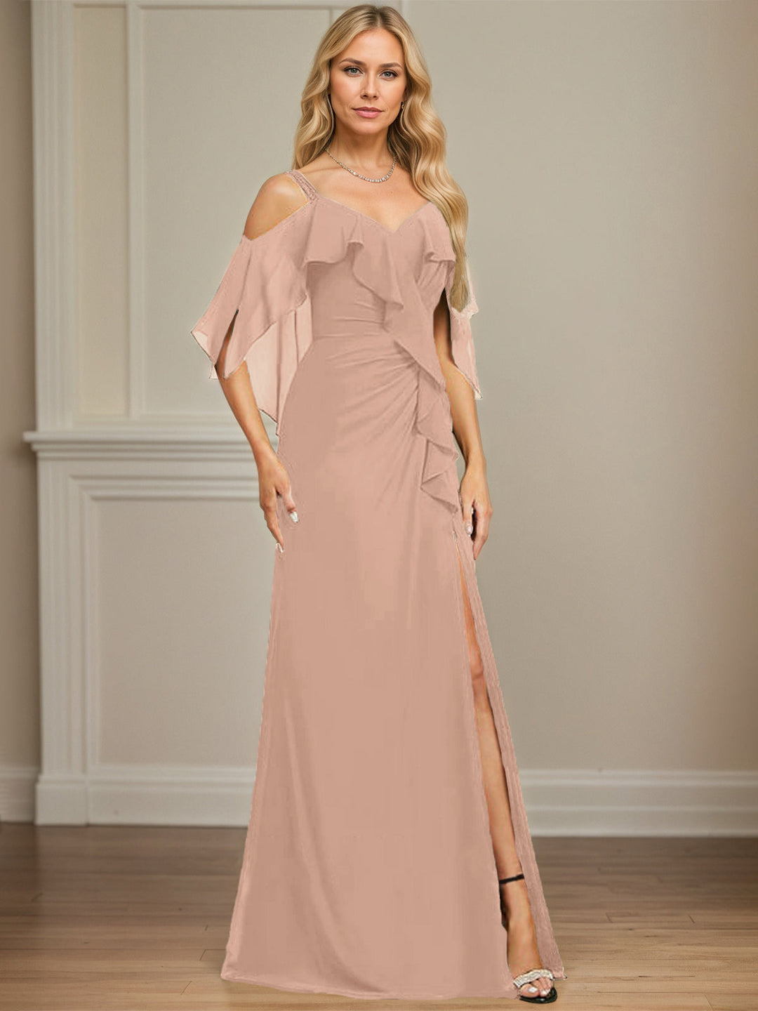 Sheath/Column Cold Shoulder V-Neck Floor-Length Chiffon Dress with Cascading Ruffles, Sequins, and Beading