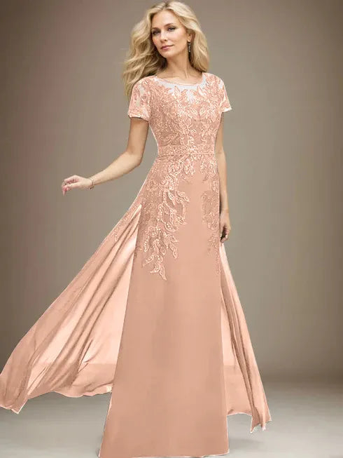Floor-Length Lace Chiffon Mother of the Bride Dress with Sheath/Column Scoop Illusion and Sequins
