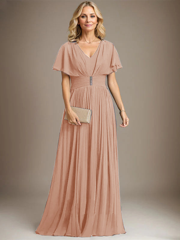 A-Line V-Neck Floor-Length Chiffon Mother of the Bride Dress with Crystal Brooch and Pleated Design