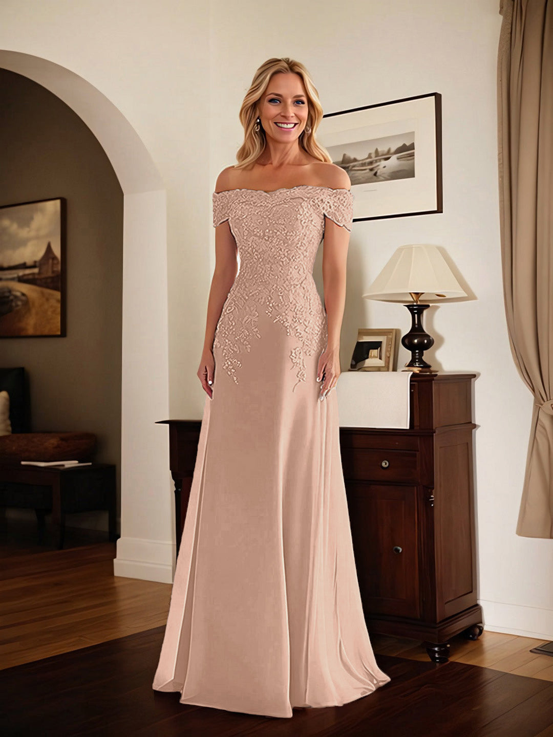 Elegant Taupe Off-the-Shoulder Lace Sheath Dress for Mother of the Bride