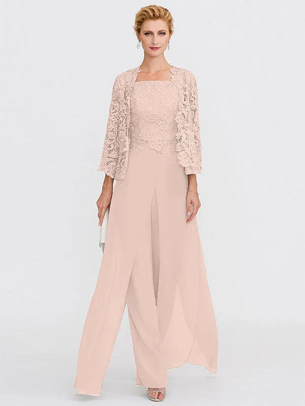 3-Piece Chiffon Square Neck Mother of the Bride Pantsuit Set with Jacket