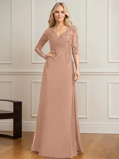 A-Line V-Neck Floor-Length Lace and Chiffon Mother of the Bride Dress with Pleated Sequins