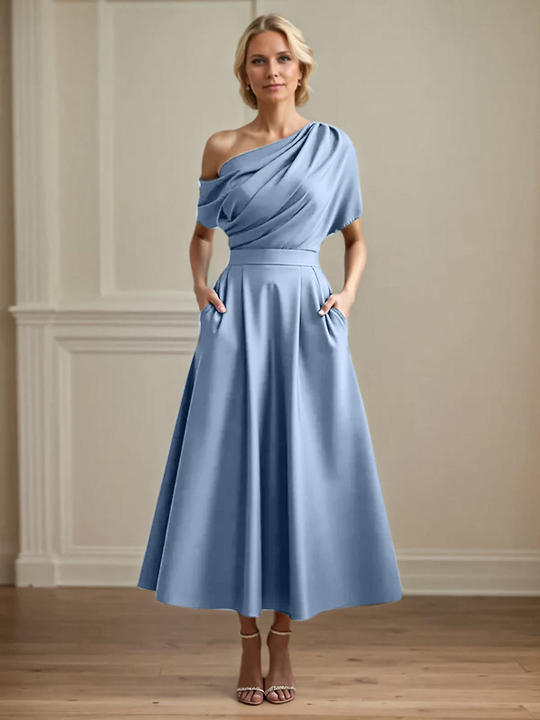 One-Shoulder Satin A-Line Pleated Ankle-Length Mother of the Bride Dress