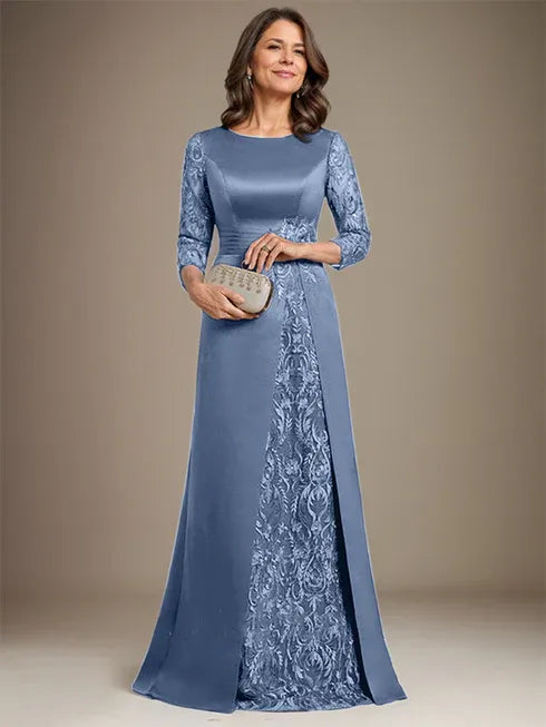 Floor-Length A-Line Lace Satin Mother of the Bride Dress with Scoop Neck and Applique