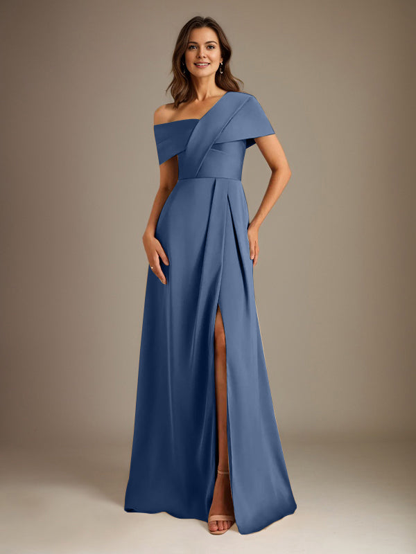 A-Line Satin Mother of the Bride Dress with Asymmetrical Neckline, Floor-Length, and Pleated Design