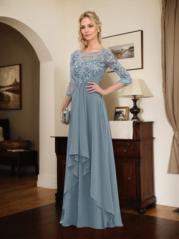 A-Line Scoop Neck Illusion Floor-Length Lace Chiffon Mother of the Bride Dress with Cascading Ruffles