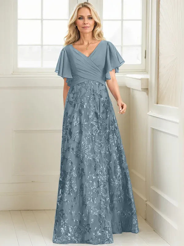 A-Line V-Neck Floor-Length Lace and Sequin Chiffon Mother of the Bride Dress with Pleats