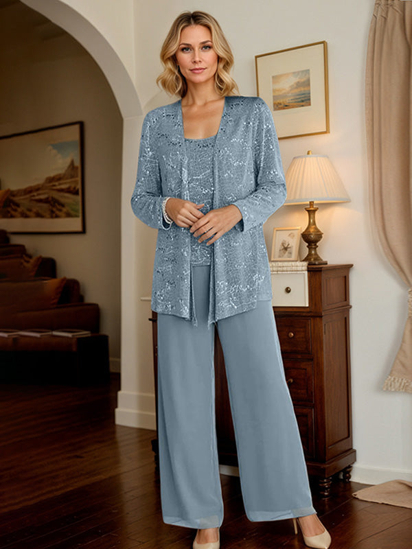 Chiffon Mother of the Bride Pantsuit Set with Jacket and Sequins