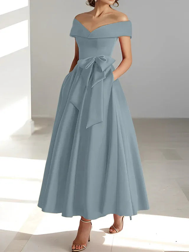 A-Line Off-the-Shoulder Sleeveless Ankle-Length Mother of the Bride Dress with Pockets