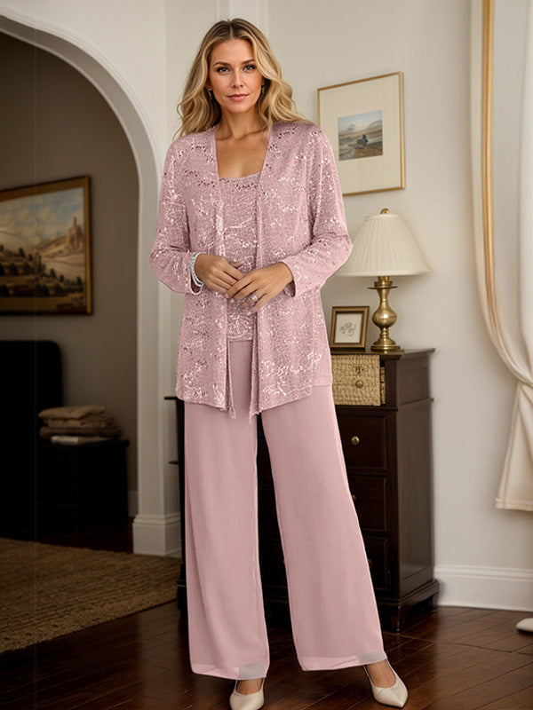 Chiffon Mother of the Bride Pantsuit Set with Jacket and Sequins