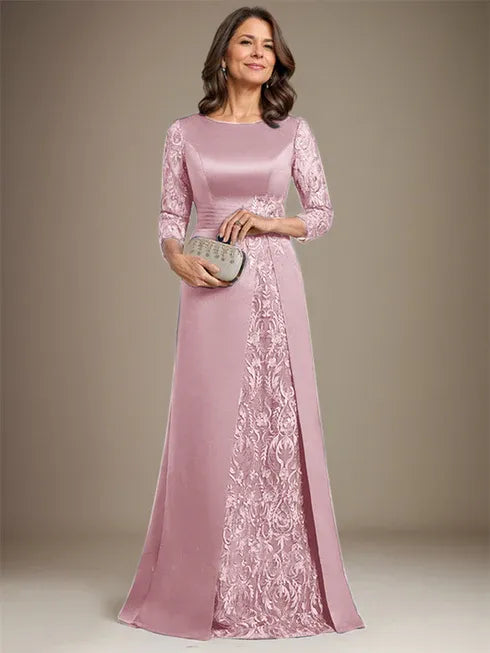 Floor-Length A-Line Lace Satin Mother of the Bride Dress with Scoop Neck and Applique