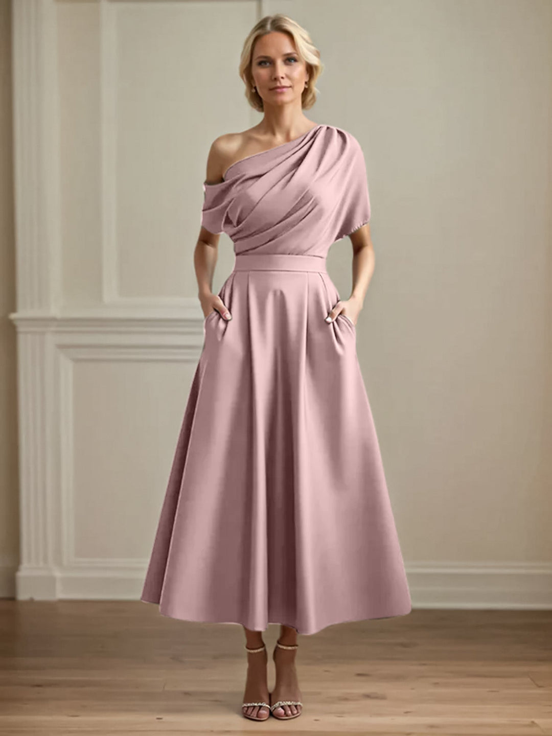 One-Shoulder Satin A-Line Pleated Ankle-Length Mother of the Bride Dress