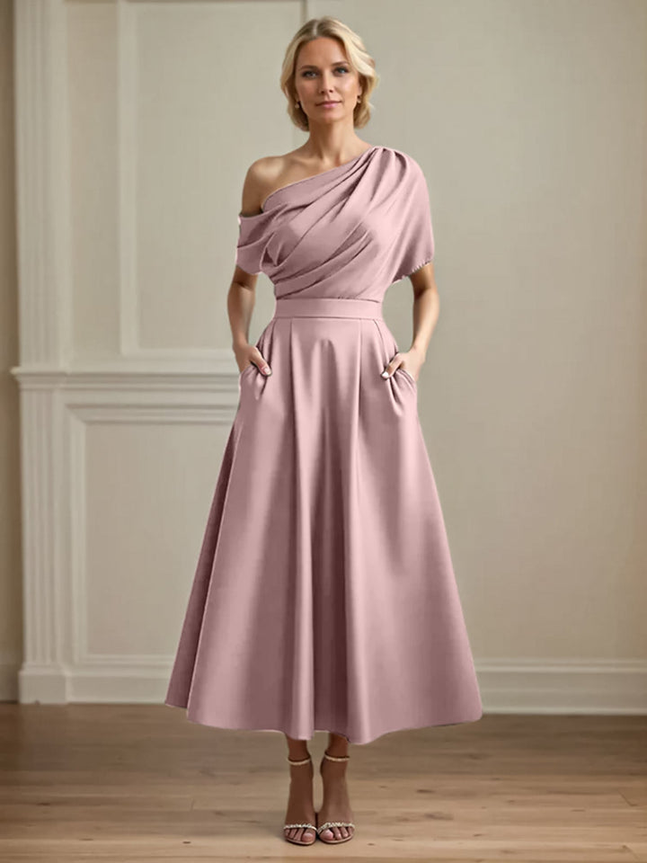 One-Shoulder Satin A-Line Pleated Ankle-Length Mother of the Bride Dress