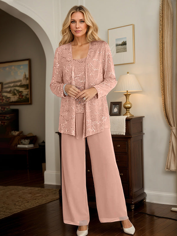 Chiffon Mother of the Bride Pantsuit Set with Jacket and Sequins