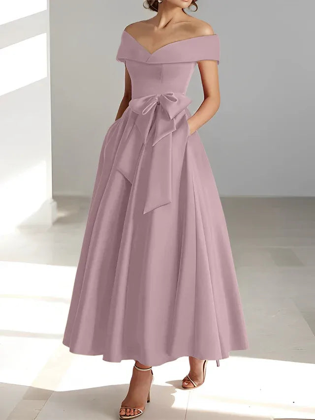 A-Line Off-the-Shoulder Sleeveless Ankle-Length Mother of the Bride Dress with Pockets