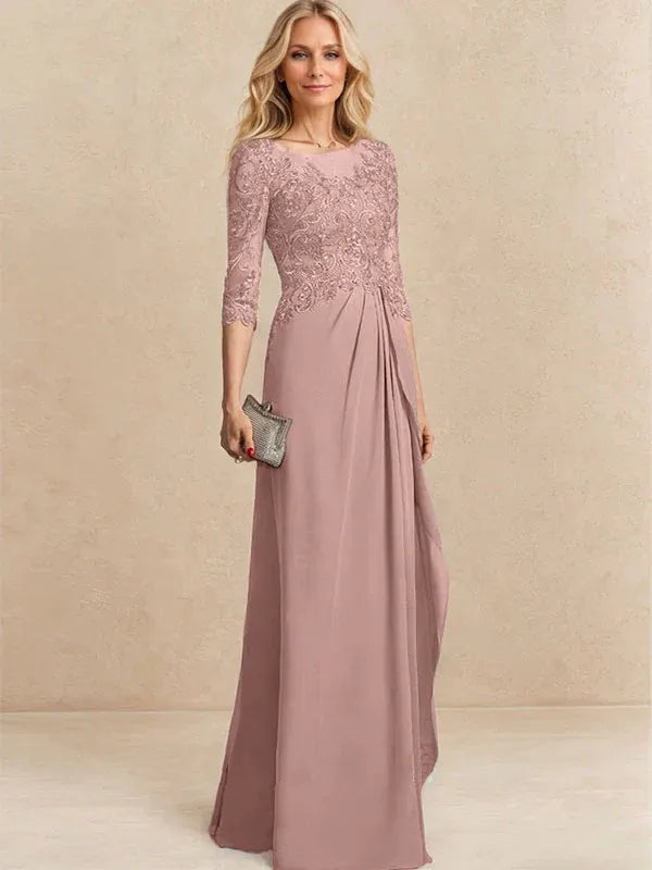 A-Line Scoop Illusion Floor-Length Chiffon and Lace Mother of the Bride Dress with Beading, Sequins, and Cascading Ruffles