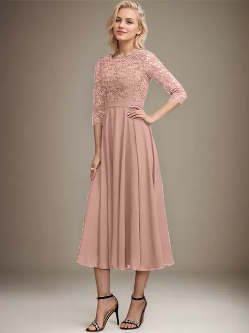 A-Line Scoop Neck Tea-Length Lace Chiffon Mother of the Bride Dress with Sequins