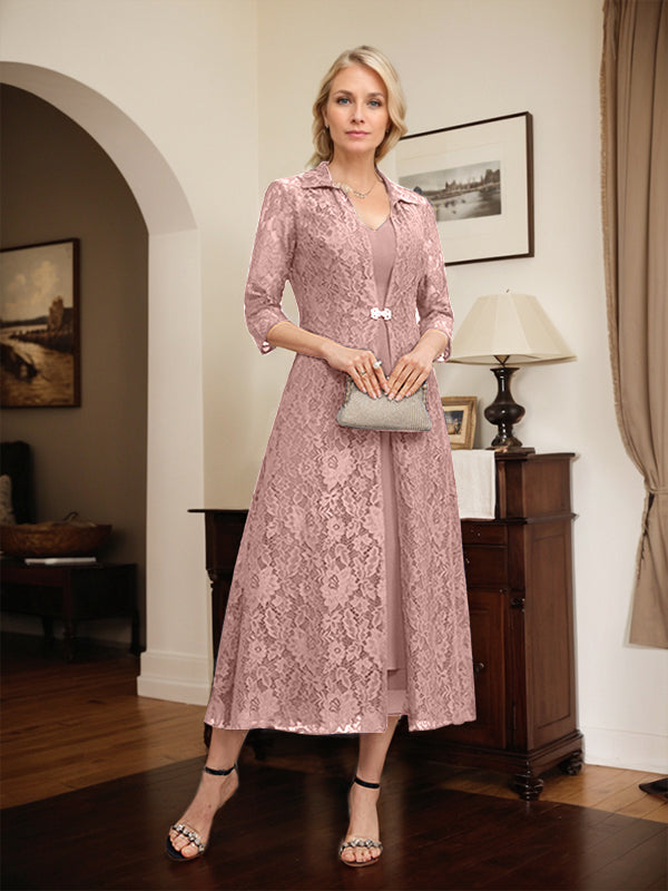 A-Line V-Neck Tea-Length Chiffon Mother of the Bride Dress