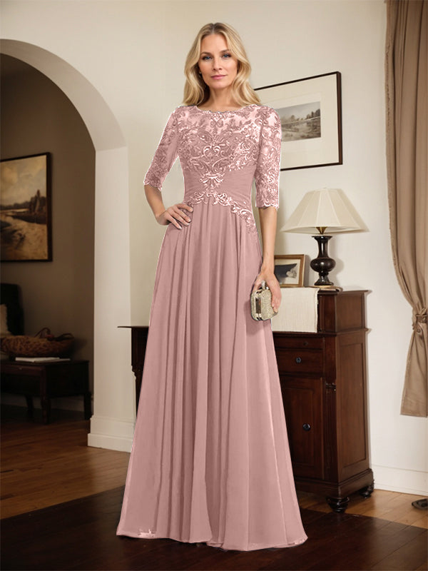 A-Line Scoop Neck Illusion Floor-Length Chiffon and Lace Mother of the Bride Dress with Pleated Sequins