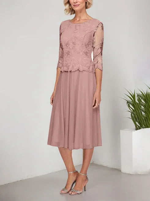A-Line Scoop Neck Tea-Length Lace Chiffon Mother of the Bride Dress with Embroidery