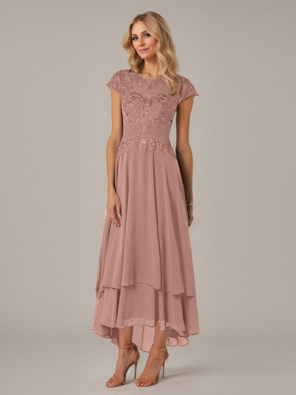 A-Line Boat Neck Illusion Asymmetrical Chiffon Lace Mother of the Bride Dress with Applique and Pleats