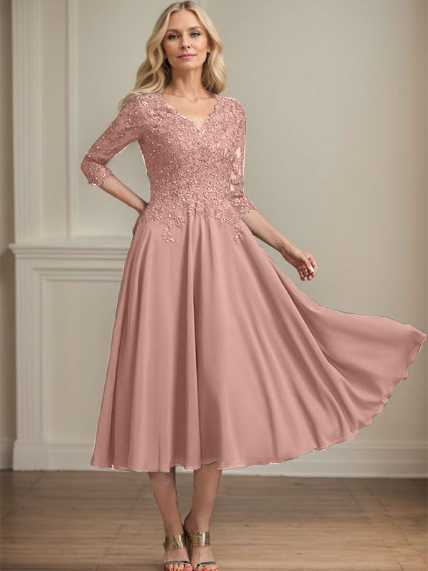A-Line V-Neck Tea-Length Chiffon and Lace Mother of the Bride Dress with Beading and Sequins