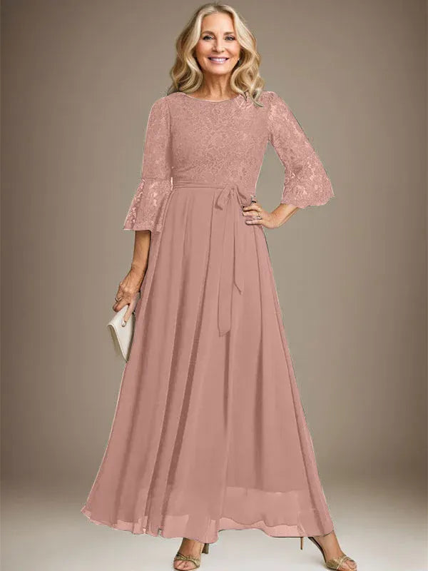 A-Line Scoop Neck Ankle-Length Lace Chiffon Mother of the Bride Dress with Bow
