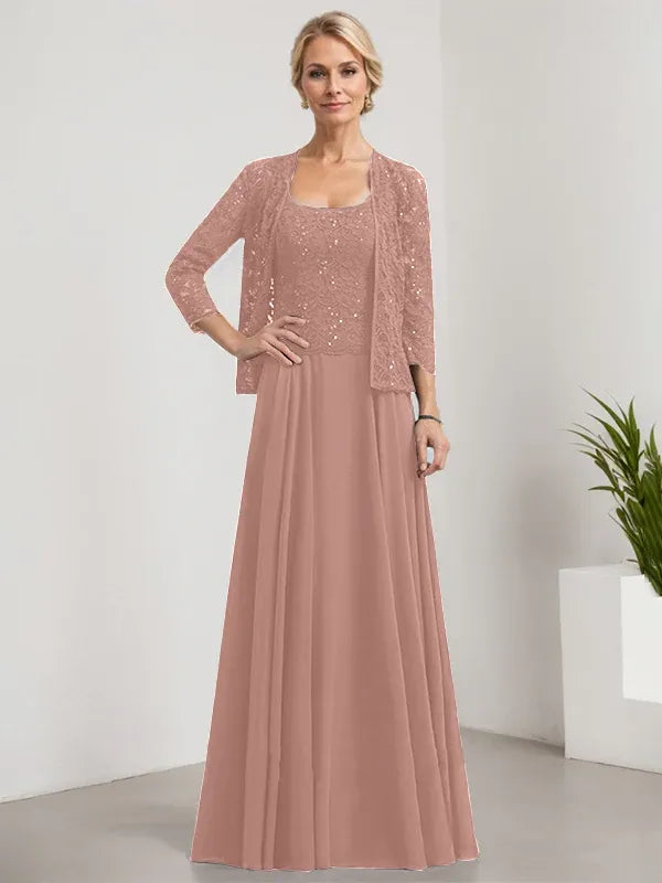 A-Line Square Neck Floor-Length Lace and Chiffon Mother of the Bride Dress with Sequins