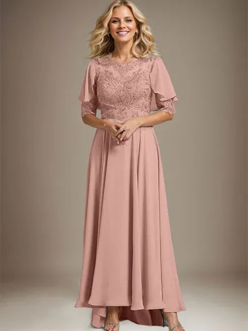 A-Line Scoop Neck Illusion Asymmetrical Chiffon and Lace Mother of the Bride Dress with Beading