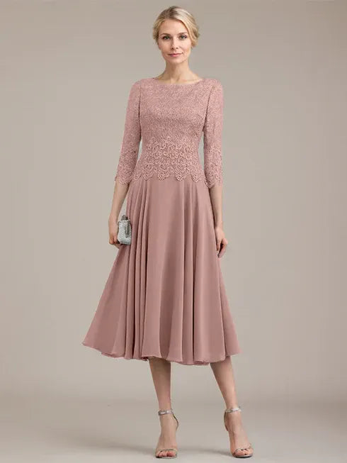 A-Line Scoop Neck Tea-Length Lace Chiffon Mother of the Bride Dress