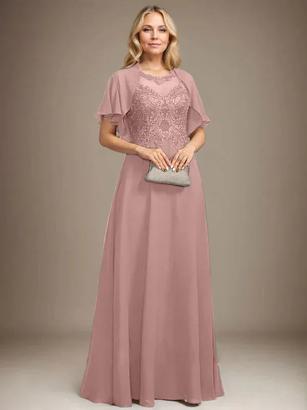 A-Line Scoop Neck Illusion Floor-Length Lace Chiffon Mother of the Bride Dress with Sequins