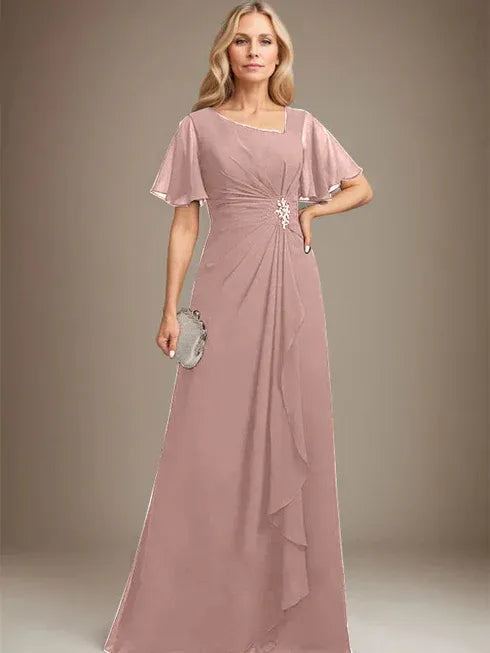 A-Line Asymmetrical Floor-Length Chiffon Mother of the Bride Dress with Pleated Beading and Sequins