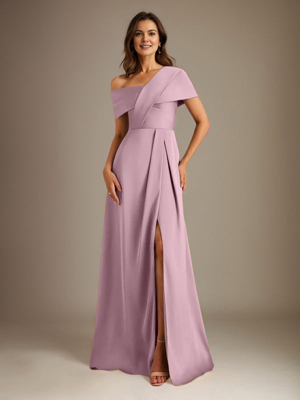 A-Line Satin Mother of the Bride Dress with Asymmetrical Neckline, Floor-Length, and Pleated Design