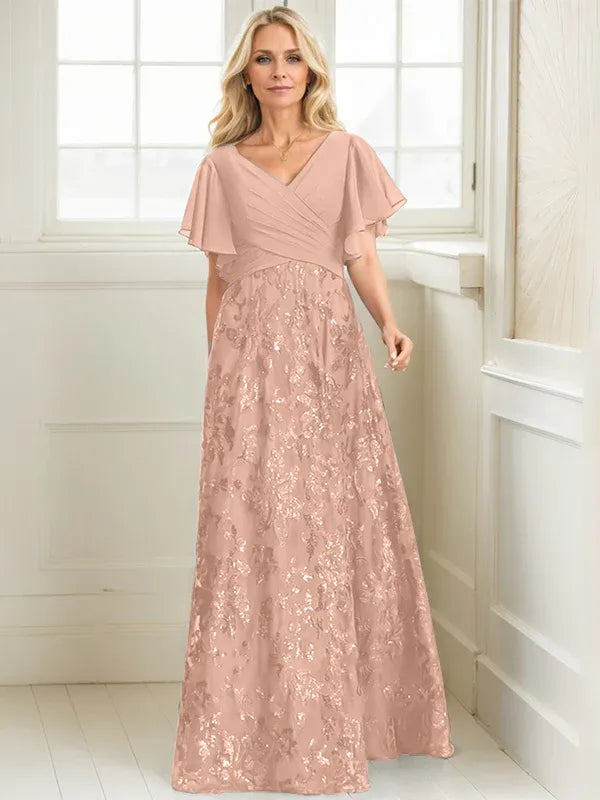 A-Line V-Neck Floor-Length Lace and Sequin Chiffon Mother of the Bride Dress with Pleats