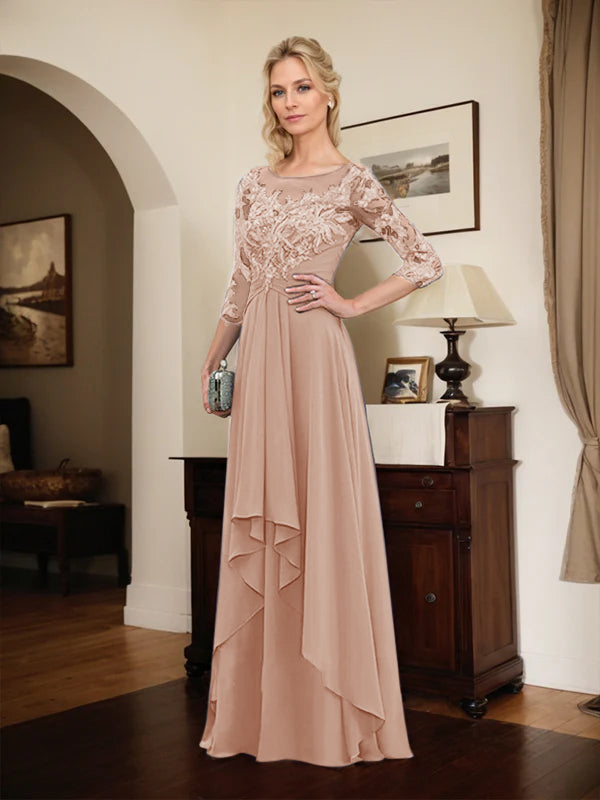 A-Line Scoop Neck Illusion Floor-Length Lace Chiffon Mother of the Bride Dress with Cascading Ruffles